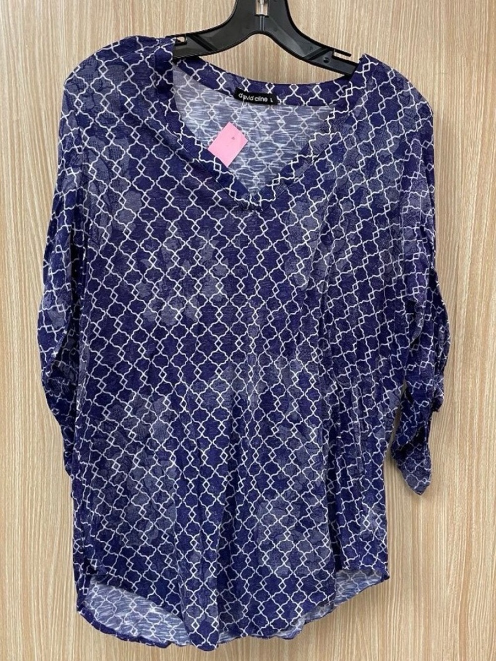 David Cline Navy Blue and White Geometric Print Blouse